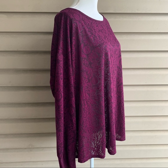 •Sejour• Sheer Lace Print Long Sleeve Burgundy Top - Size 3X - Picture 5 of 9